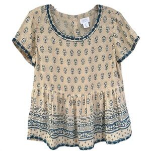 Sigrid Olsen Embroidered Modal Peplum Top Blue Cream Floral Boho Small NWOT